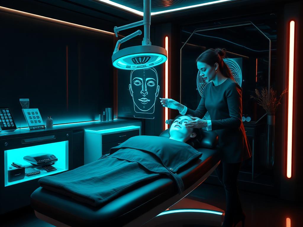 Sala de estética avançada com análise facial holográfica em tons de cyan