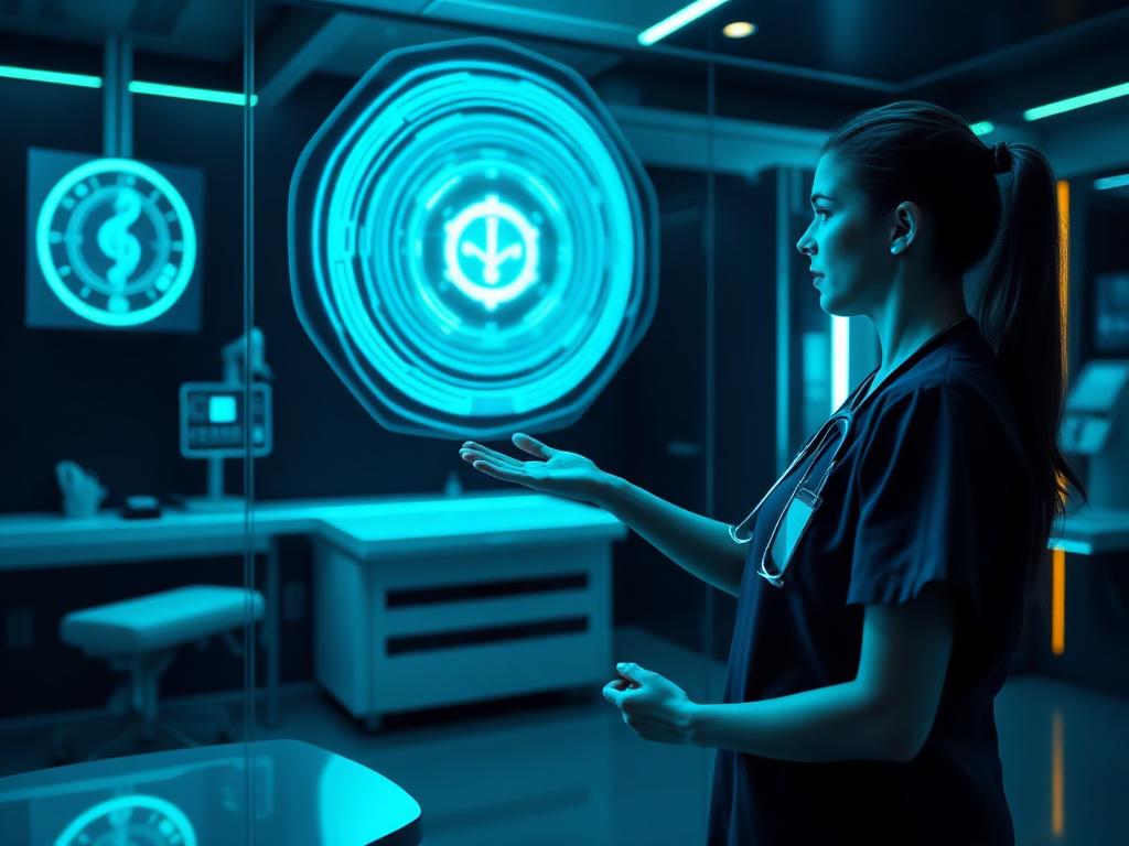 Médica em consultório futurista interagindo com interface holográfica em cyan