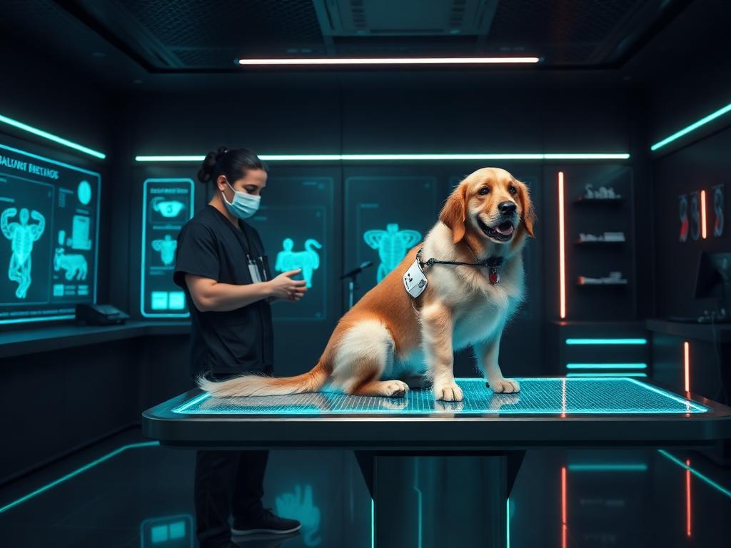 Veterinária atendendo um cão em clínica futurista com painéis holográficos